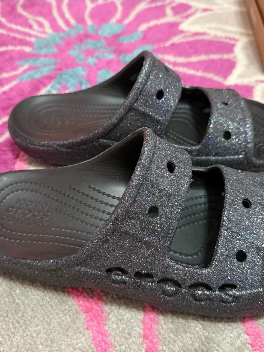 CROCS Women’s Black Glitter Double-Strap Slide Sandals